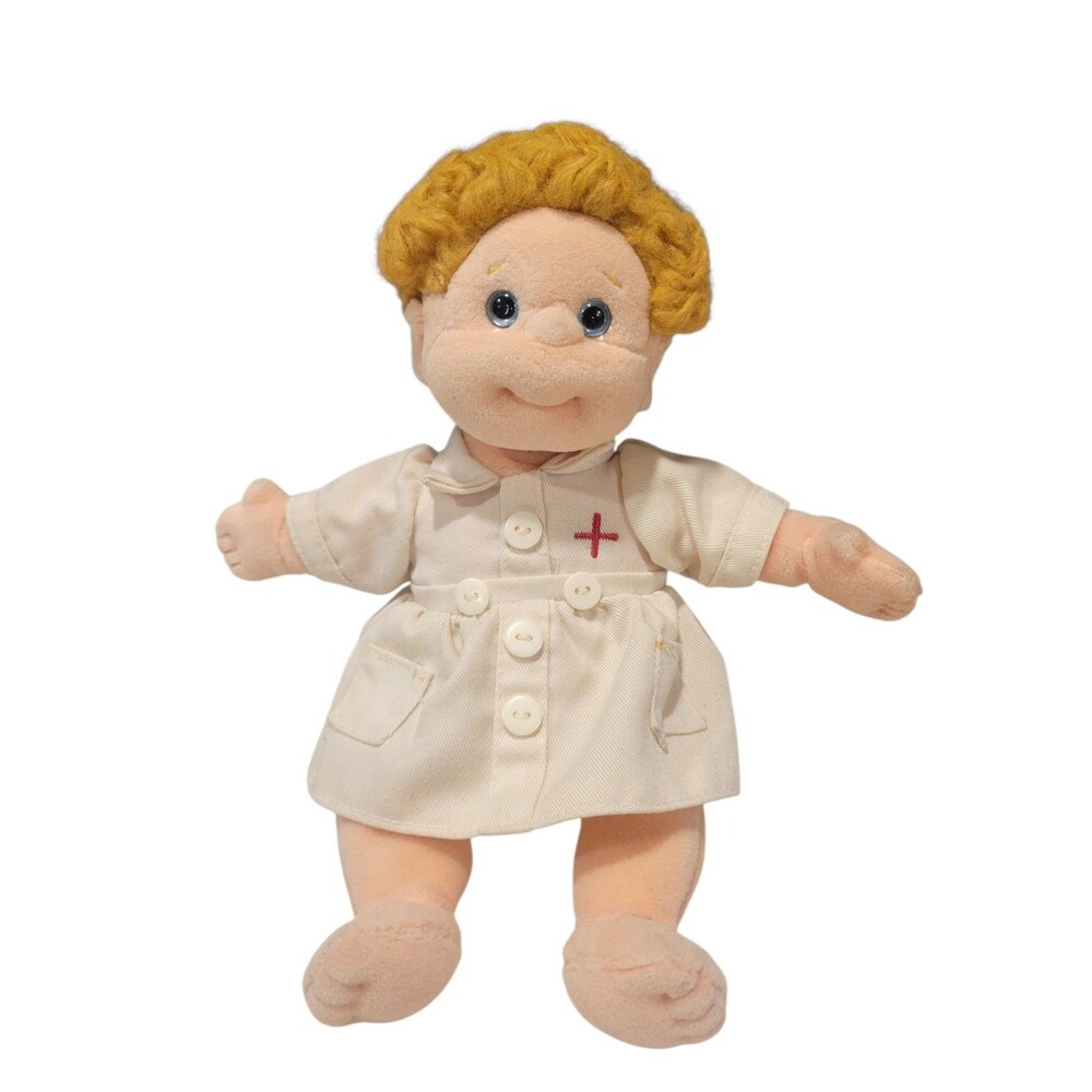 Vintage Nurse Beanie Kid Faded Tag Cream Dress Golden Hair Blue Eyes